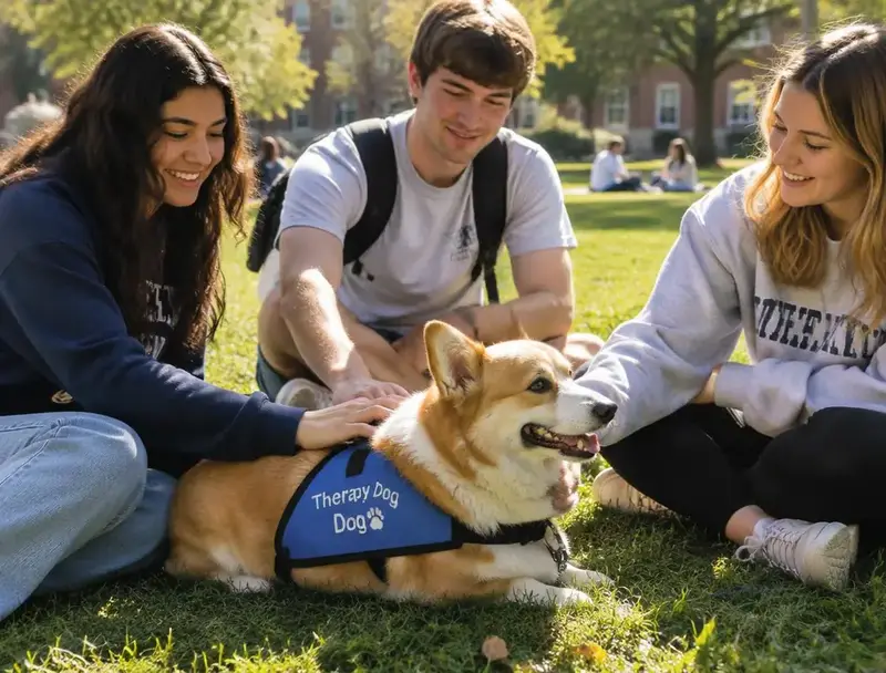 Corgi therapy dog being petted by college students on a campus lawn