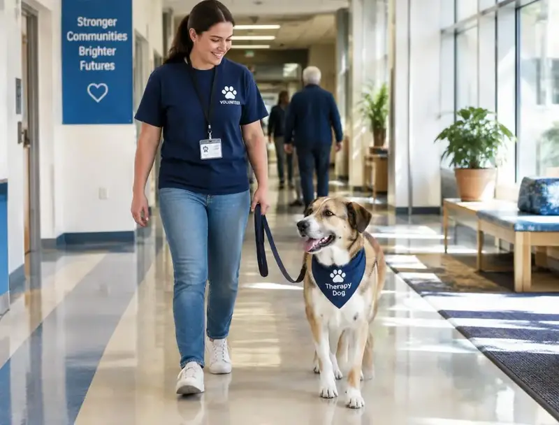 A volunteer handler walks a calm therapy dog wearing a navy bandana through a bright community center hallway