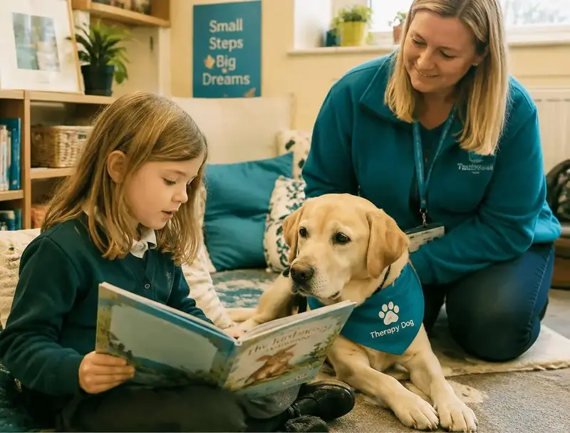 A young girl reads a picture book aloud to a calm labrador therapy dog while a handler kneels nearby