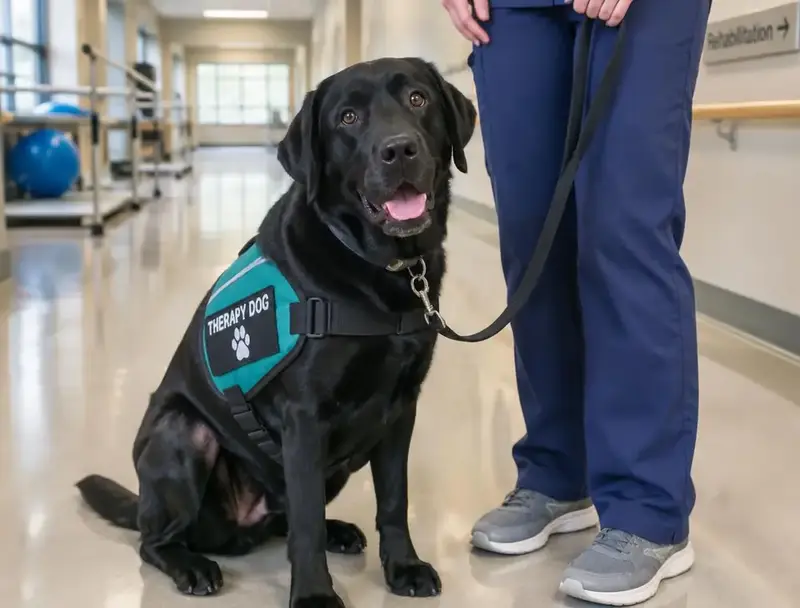 Black labrador therapy dog in a teal vest sitting beside its handler in a rehab hallway