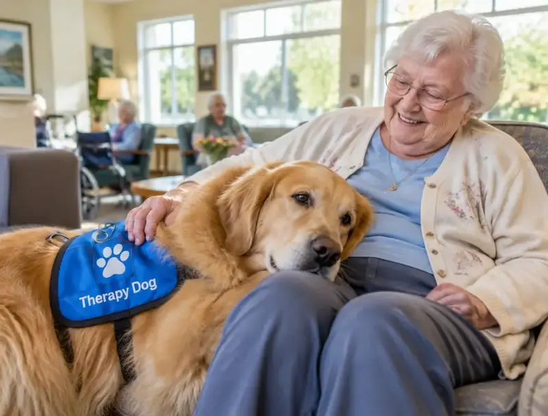 Golden retriever therapy dog resting its head on a smiling senior woman's lap