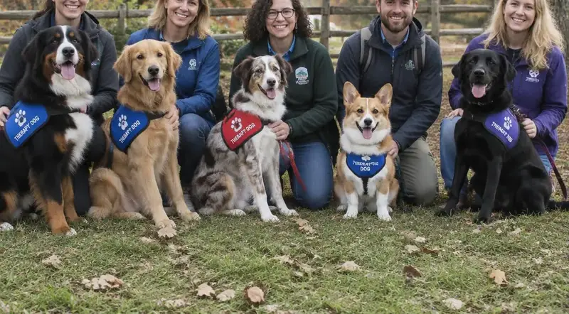Several therapy dogs of different breeds in vests sitting with their smiling handlers in an autumn park